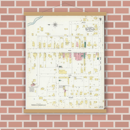 Old map wall art mockup — magnetic wood frame on brick wall — Sanborn Fire Insurance Map from Wolcottville, Noble And LaGrange Counties, Indiana (1907), Sheet #0002