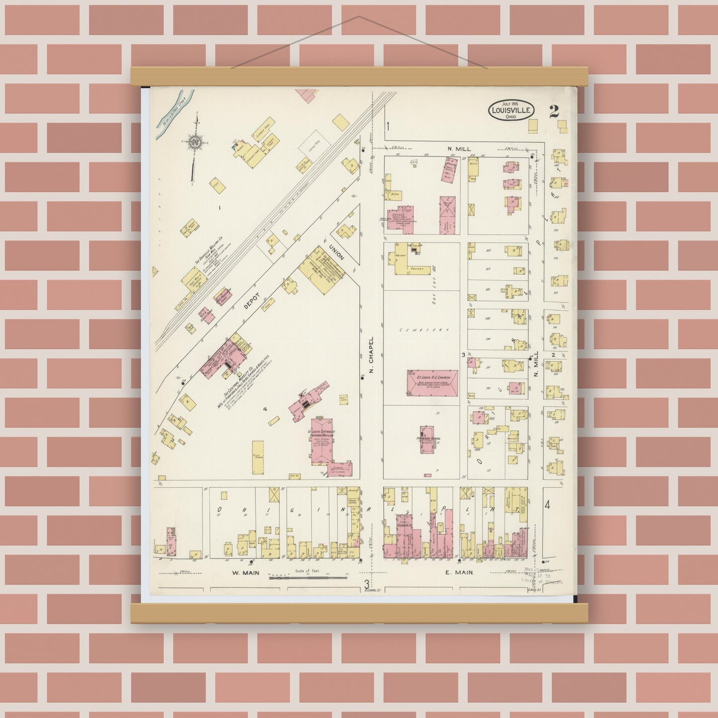 Old map wall art mockup — magnetic wood frame on brick wall — Sanborn Fire Insurance Map from Louisville, Stark County, Ohio (1915), Sheet #0002