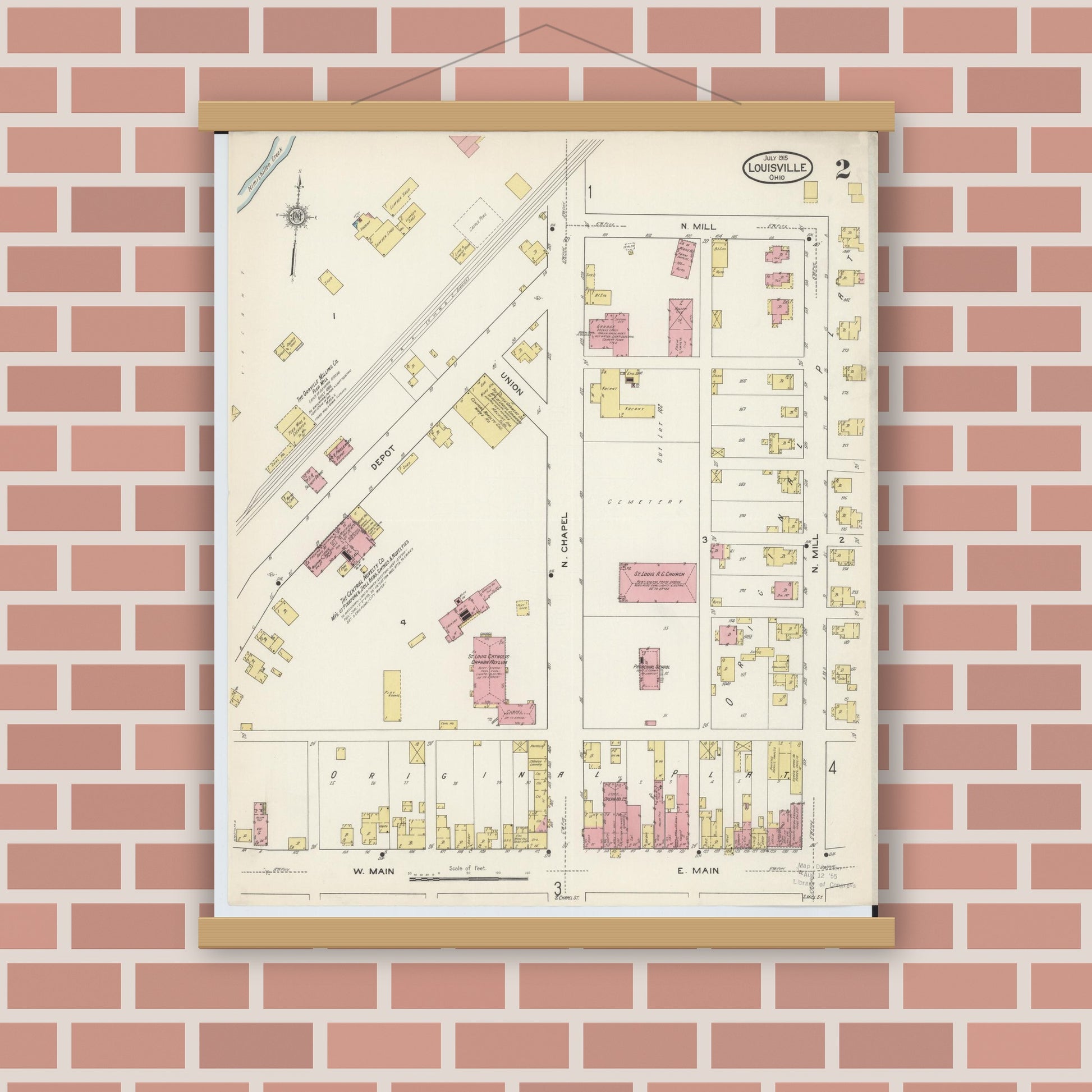 Old map wall art mockup — magnetic wood frame on brick wall — Sanborn Fire Insurance Map from Louisville, Stark County, Ohio (1915), Sheet #0002