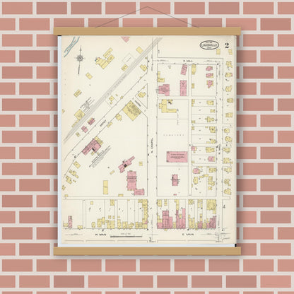 Old map wall art mockup — magnetic wood frame on brick wall — Sanborn Fire Insurance Map from Louisville, Stark County, Ohio (1915), Sheet #0002