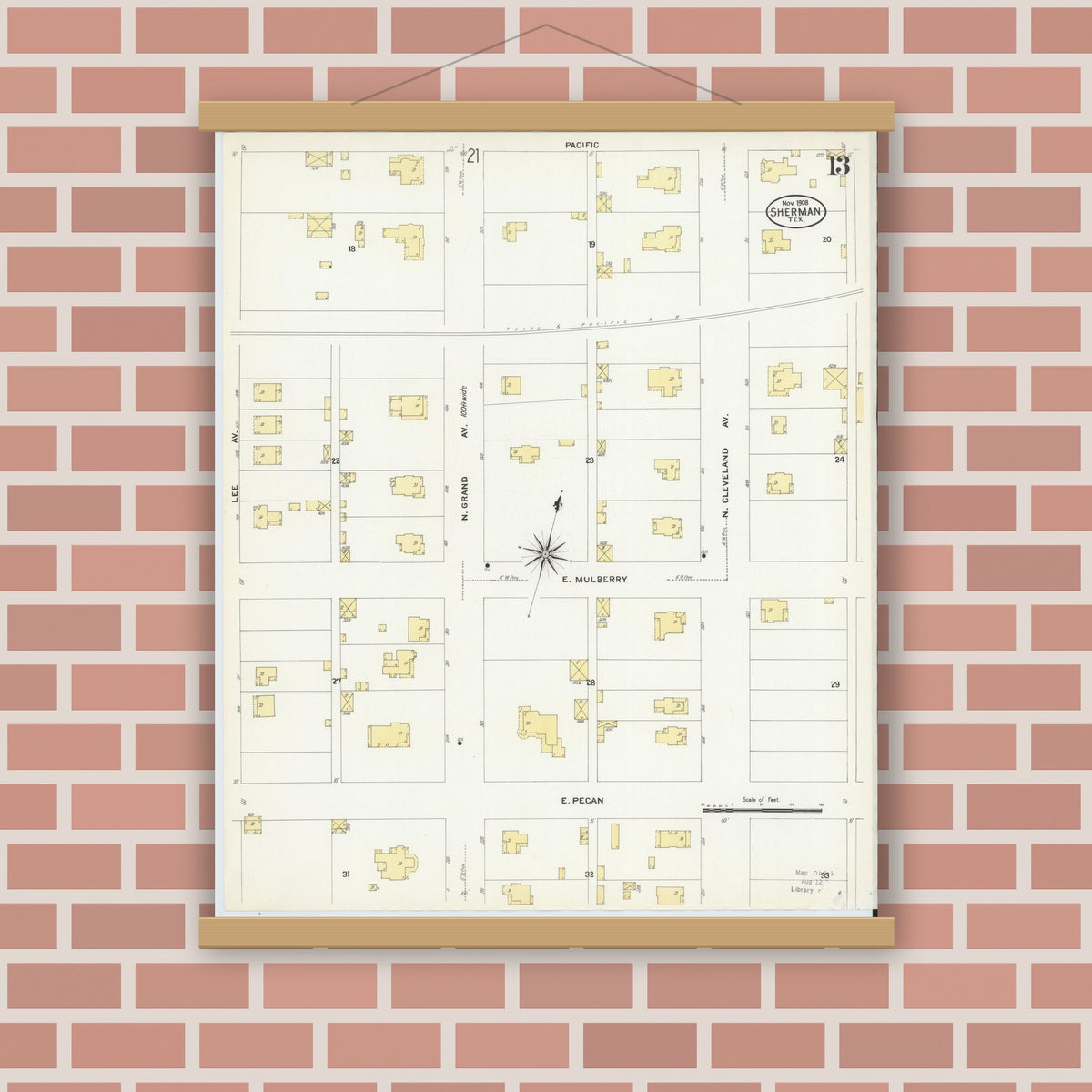 Old map wall art mockup — magnetic wood frame on brick wall — Sanborn Fire Insurance Map from Sherman, Grayson County, Texas (1908), Sheet #0013