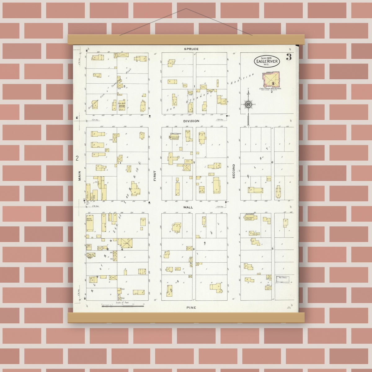 Old map wall art mockup — magnetic wood frame on brick wall — Sanborn Fire Insurance Map from Eagle River, Vilas County, Wisconsin (1909), Sheet #0003