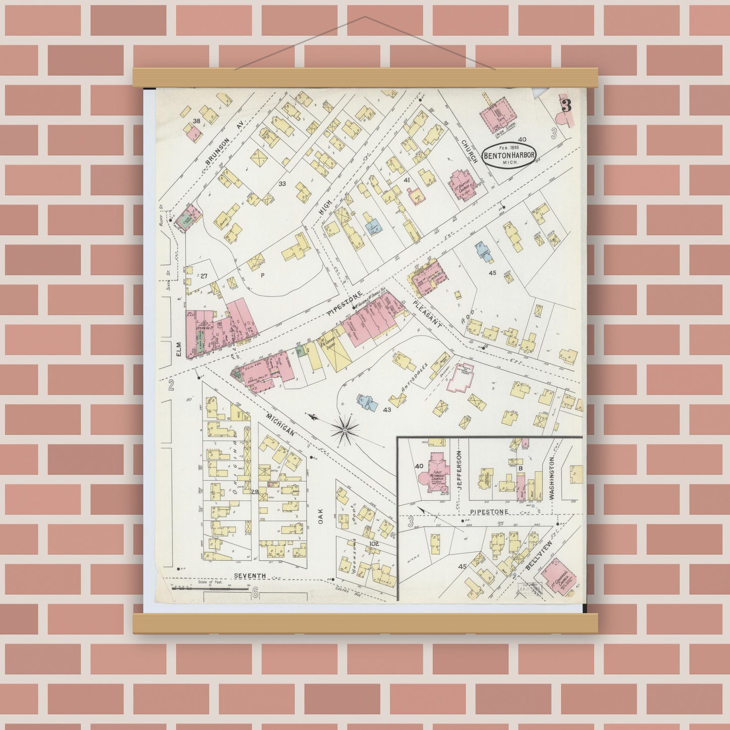 Old map wall art mockup — magnetic wood frame on brick wall — Sanborn Fire Insurance Map from Benton Harbor, Berrien County, Michigan (1895), Sheet #0003