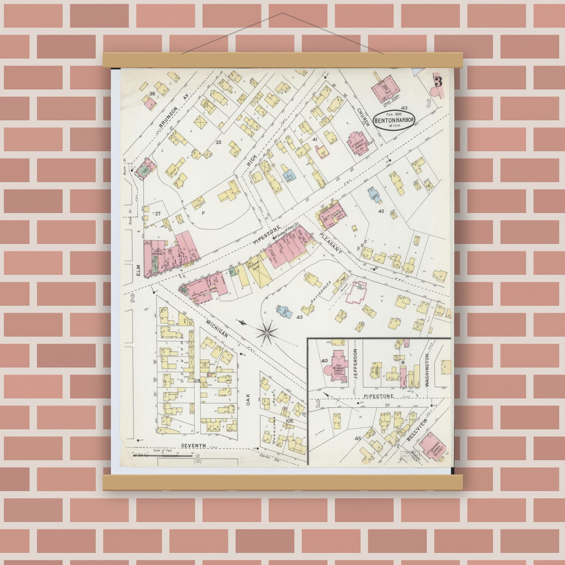 Old map wall art mockup — magnetic wood frame on brick wall — Sanborn Fire Insurance Map from Benton Harbor, Berrien County, Michigan (1895), Sheet #0003