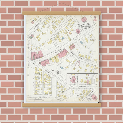 Old map wall art mockup — magnetic wood frame on brick wall — Sanborn Fire Insurance Map from Benton Harbor, Berrien County, Michigan (1895), Sheet #0003