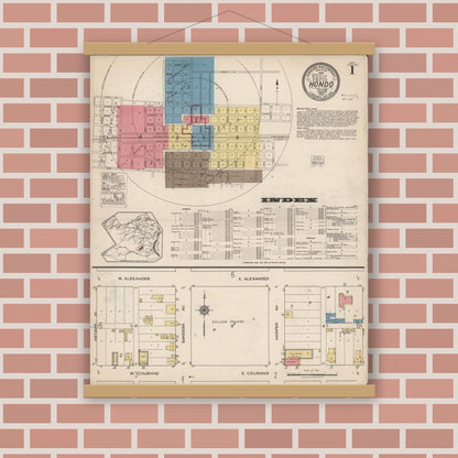 Old map wall art mockup — magnetic wood frame on brick wall — Sanborn Fire Insurance Map from Hondo, Medina County, Texas (1922), Sheet #0001
