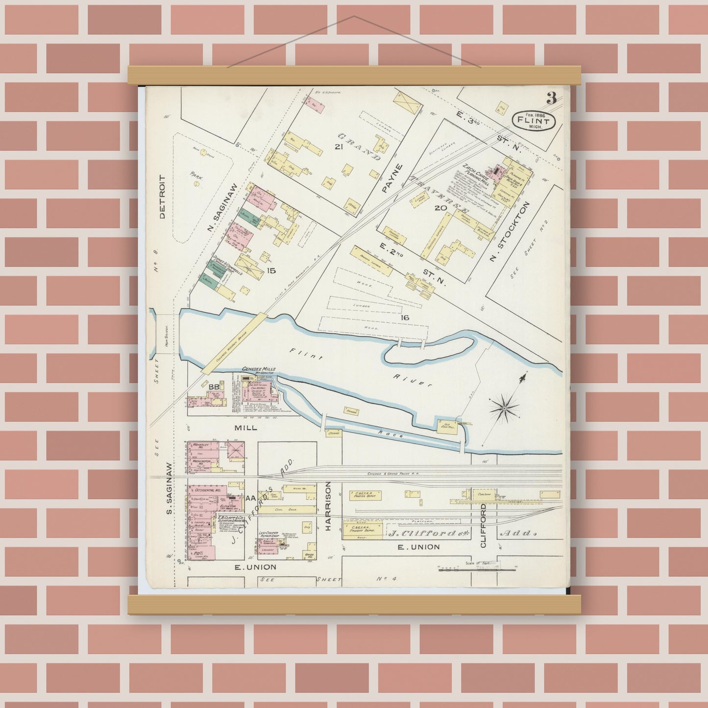 Old map wall art mockup — magnetic wood frame on brick wall — Sanborn Fire Insurance Map from Flint, Genesee County, Michigan (1886), Sheet #0003