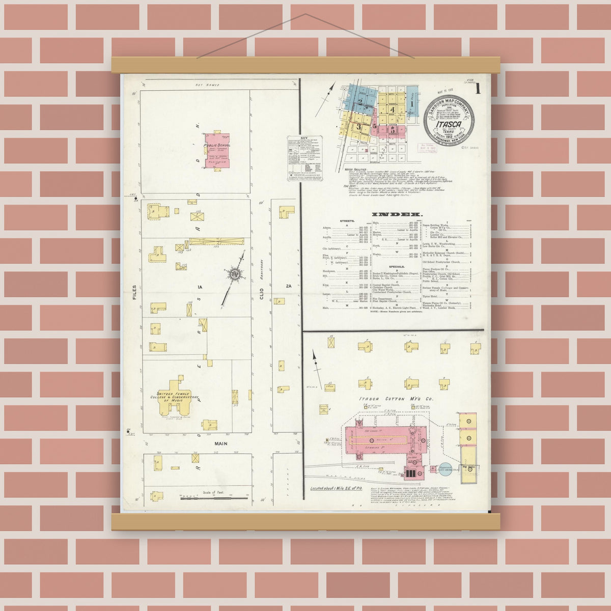 Old map wall art mockup — magnetic wood frame on brick wall — Sanborn Fire Insurance Map from Itasca, Hill County, Texas (1912), Sheet #0001