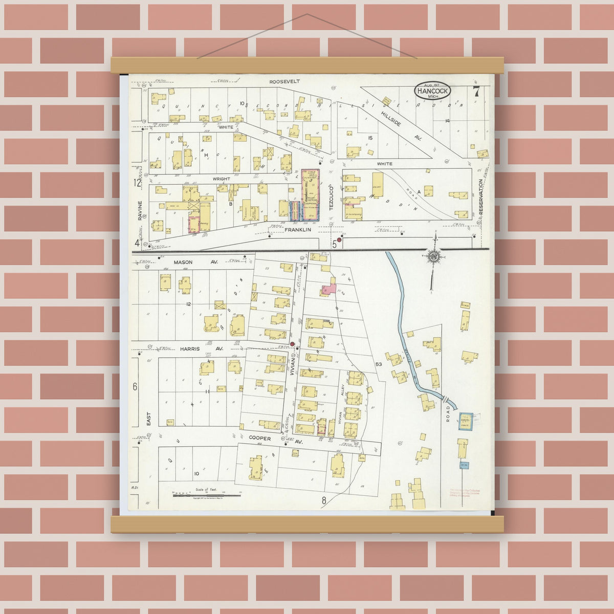 Old map wall art mockup — magnetic wood frame on brick wall — Sanborn Fire Insurance Map from Hancock, Houghton County, Michigan (1917), Sheet #0007