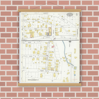 Old map wall art mockup — magnetic wood frame on brick wall — Sanborn Fire Insurance Map from Hancock, Houghton County, Michigan (1917), Sheet #0007