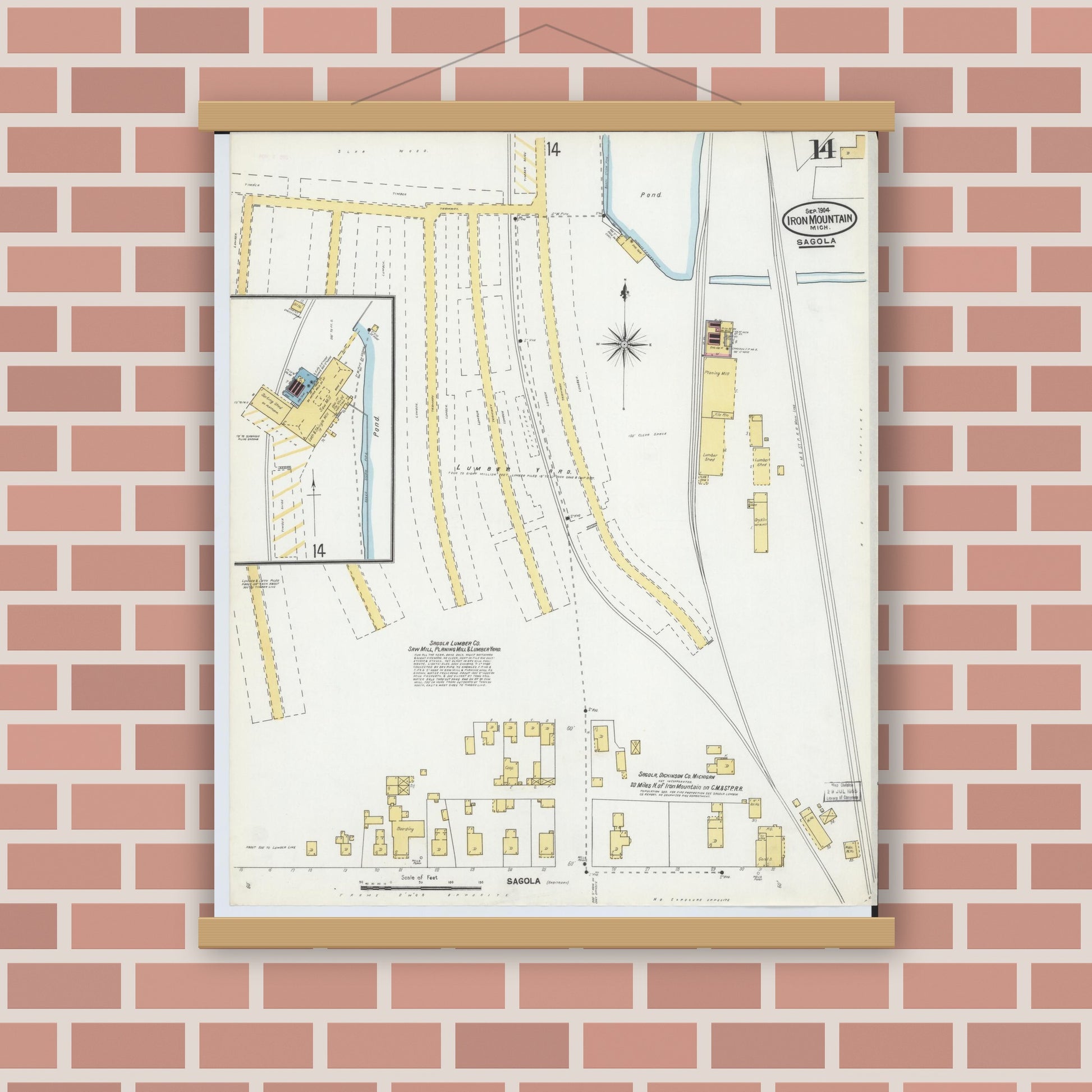 Old map wall art mockup — magnetic wood frame on brick wall — Sanborn Fire Insurance Map from Iron Mountain, Dickinson County, Michigan (1904), Sheet #0014