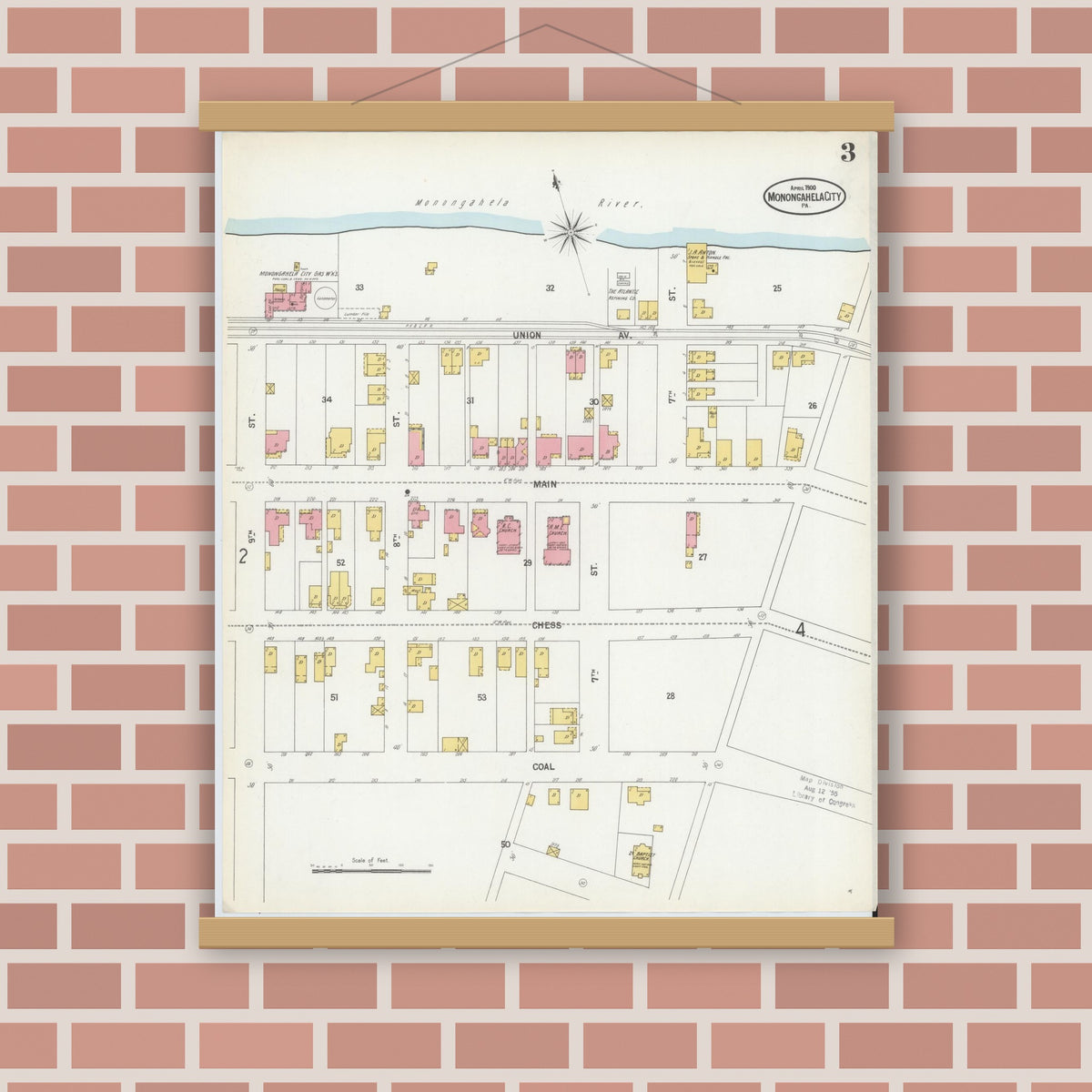 Old map wall art mockup — magnetic wood frame on brick wall — Sanborn Fire Insurance Map from Monongahela City, Washington County, Pennsylvania (1900), Sheet #0003