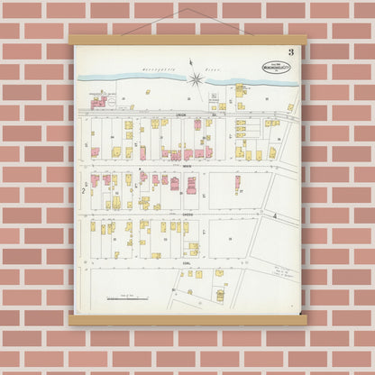 Old map wall art mockup — magnetic wood frame on brick wall — Sanborn Fire Insurance Map from Monongahela City, Washington County, Pennsylvania (1900), Sheet #0003