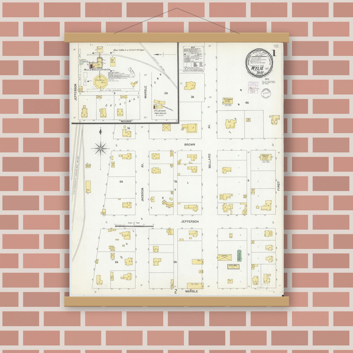 Old map wall art mockup — magnetic wood frame on brick wall — Sanborn Fire Insurance Map from Wylie, Collin County, Texas (1901) - Complete Map Set