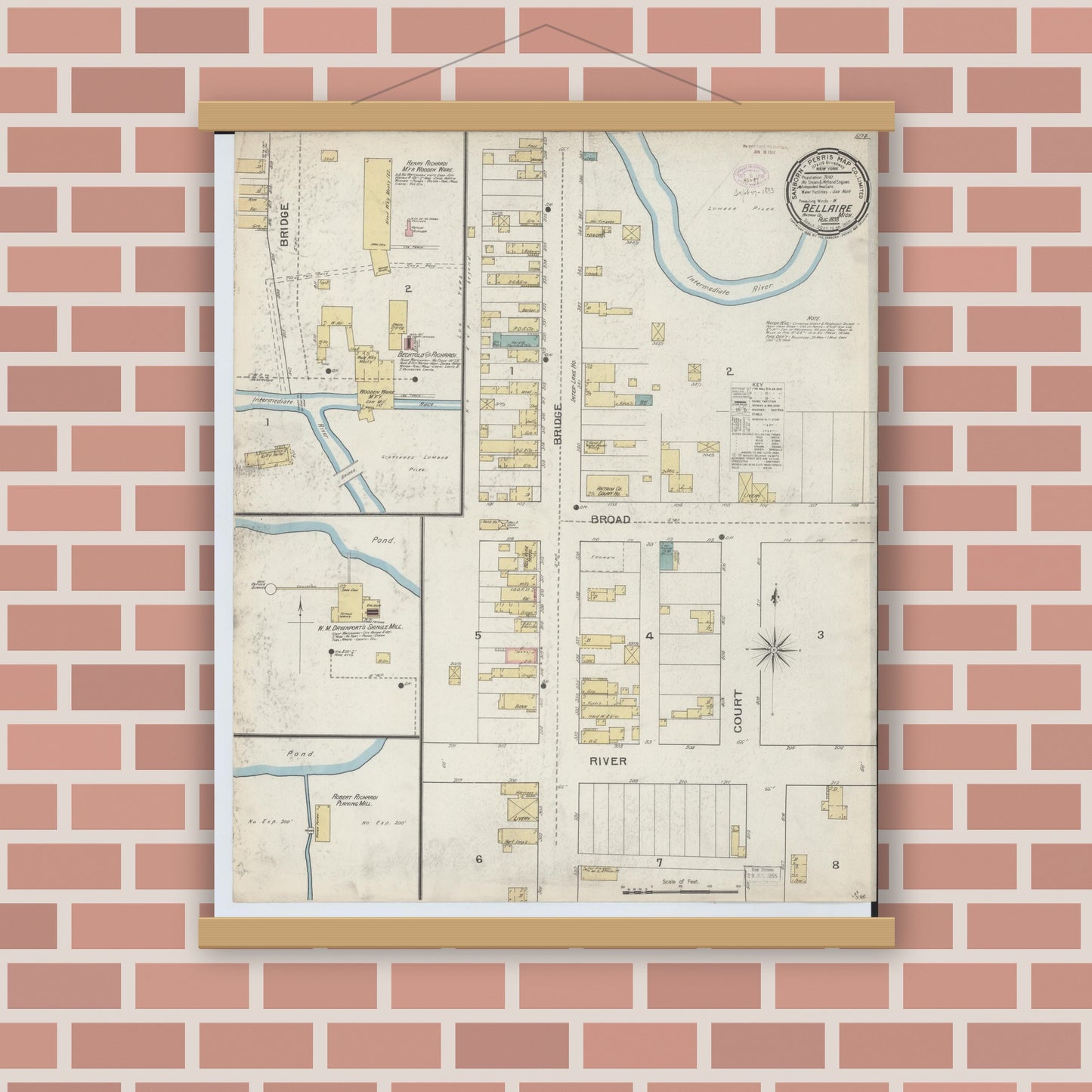 Old map wall art mockup — magnetic wood frame on brick wall — Sanborn Fire Insurance Map from Bellaire, Antrim County, Michigan (1893), Sheet #0001
