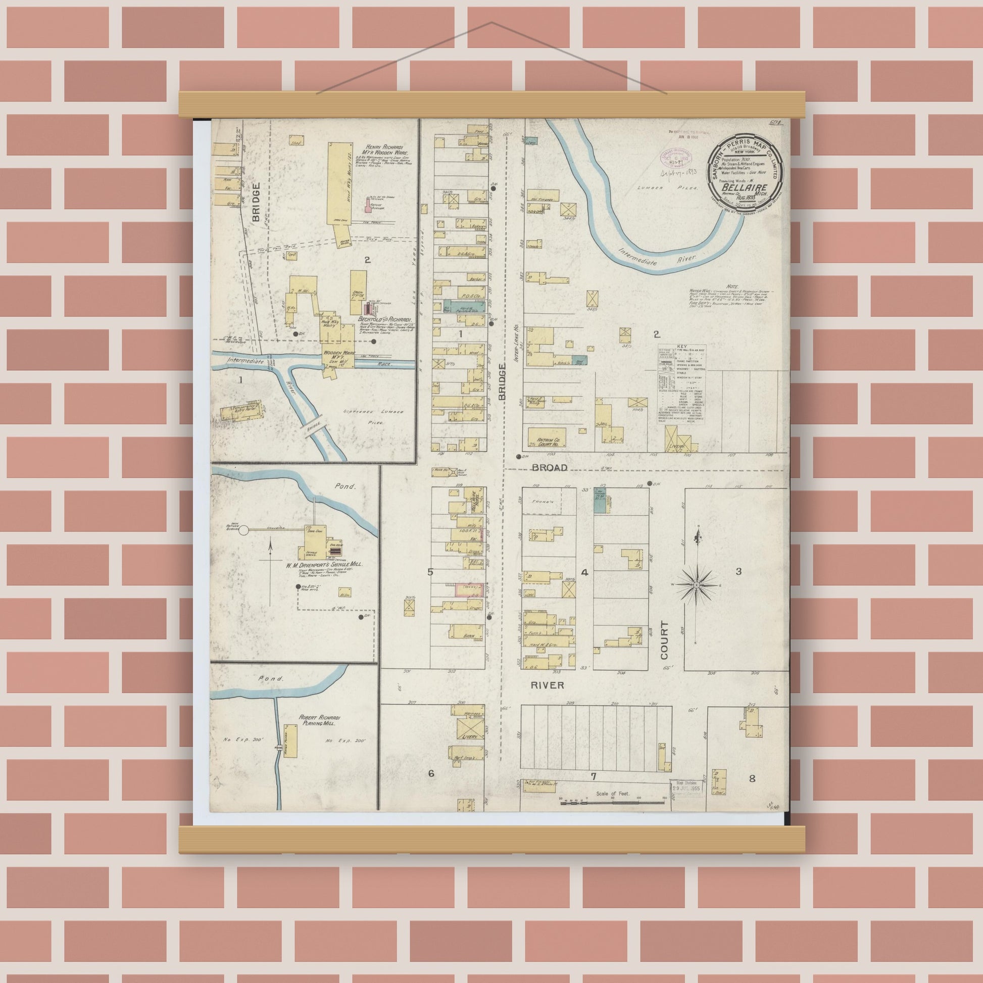Old map wall art mockup — magnetic wood frame on brick wall — Sanborn Fire Insurance Map from Bellaire, Antrim County, Michigan (1893), Sheet #0001