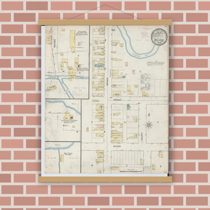 Old map wall art mockup — magnetic wood frame on brick wall — Sanborn Fire Insurance Map from Bellaire, Antrim County, Michigan (1893), Sheet #0001