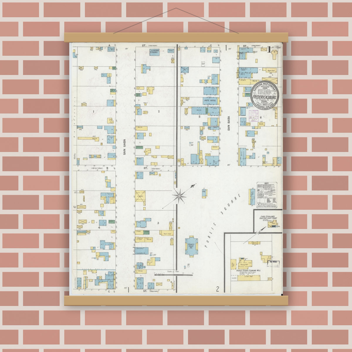 Old map wall art mockup — magnetic wood frame on brick wall — Sanborn Fire Insurance Map from Fredericksburg, Gillespie County, Texas (1902) - Complete Map Set