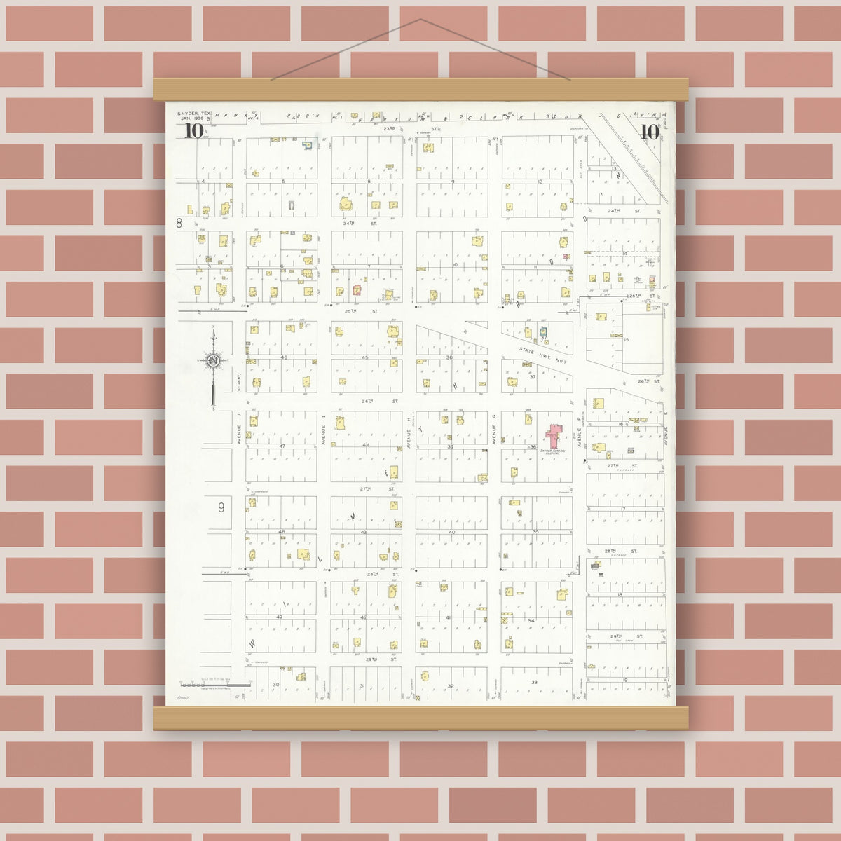 Old map wall art mockup — magnetic wood frame on brick wall — Sanborn Fire Insurance Map from Snyder, Scurry County, Texas (1936), Sheet #0010