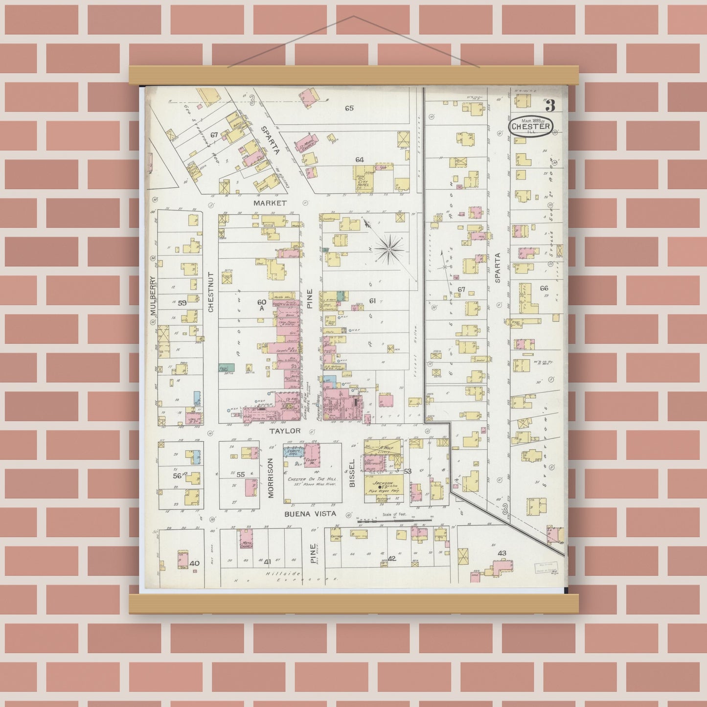 Old map wall art mockup — magnetic wood frame on brick wall — Sanborn Fire Insurance Map from Chester, Randolph County, Illinois (1886), Sheet #0003