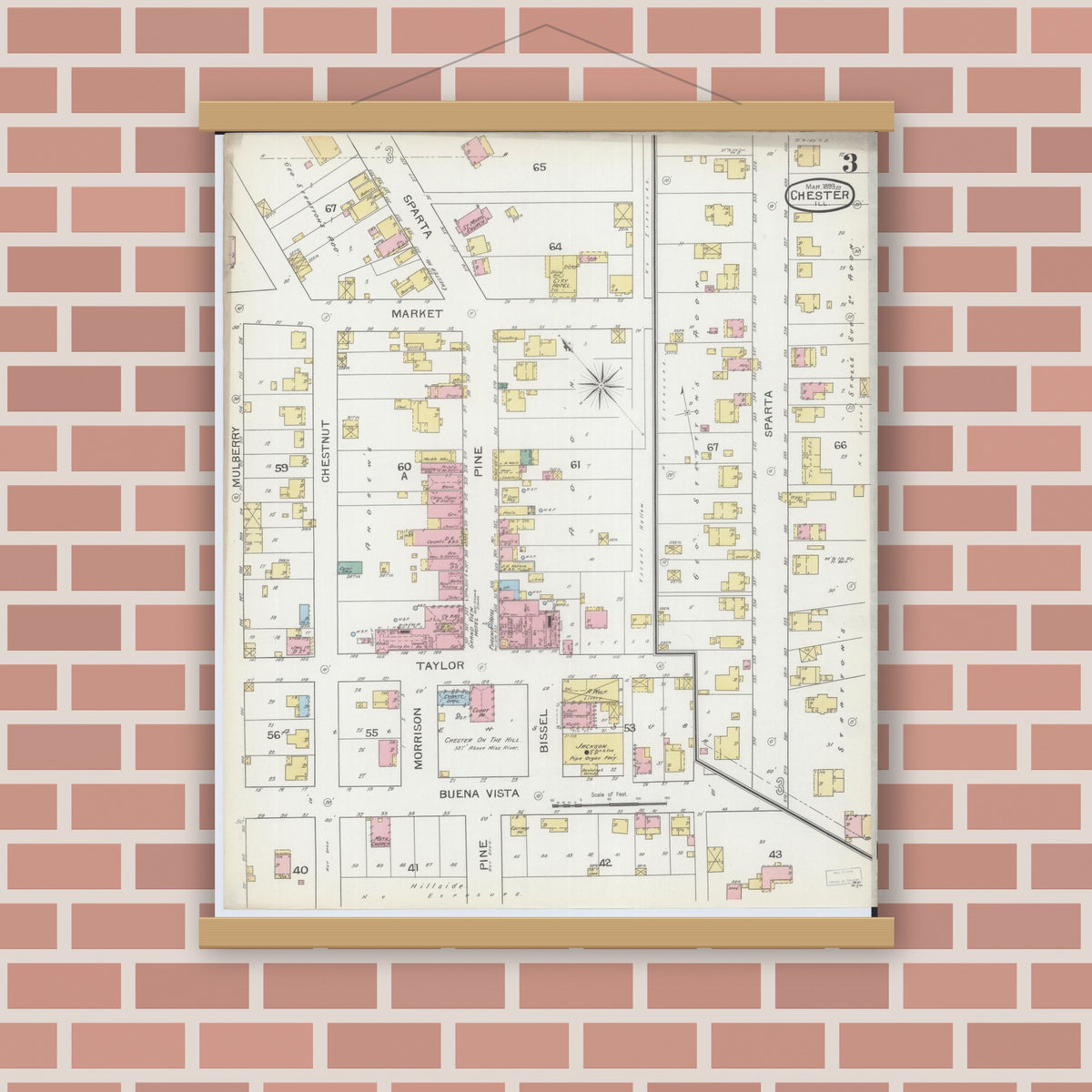 Old map wall art mockup — magnetic wood frame on brick wall — Sanborn Fire Insurance Map from Chester, Randolph County, Illinois (1886), Sheet #0003