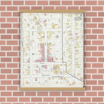Old map wall art mockup — magnetic wood frame on brick wall — Sanborn Fire Insurance Map from Chester, Randolph County, Illinois (1886), Sheet #0003