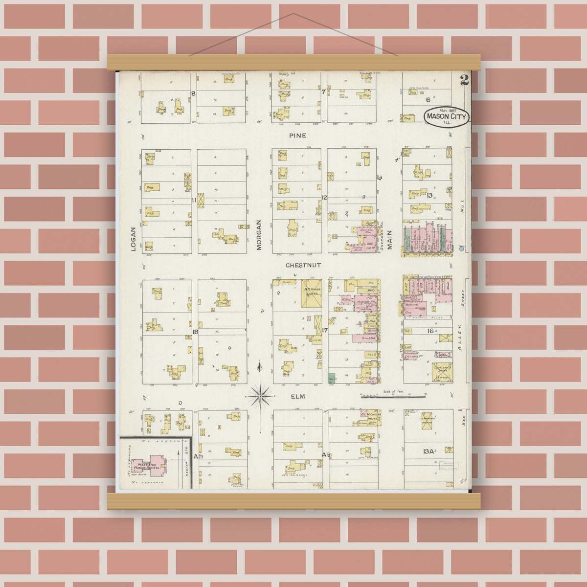 Old map wall art mockup — magnetic wood frame on brick wall — Sanborn Fire Insurance Map from Mason City, Mason County, Illinois (1887), Sheet #0002