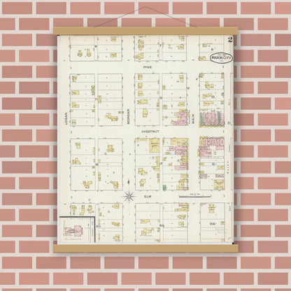 Old map wall art mockup — magnetic wood frame on brick wall — Sanborn Fire Insurance Map from Mason City, Mason County, Illinois (1887), Sheet #0002