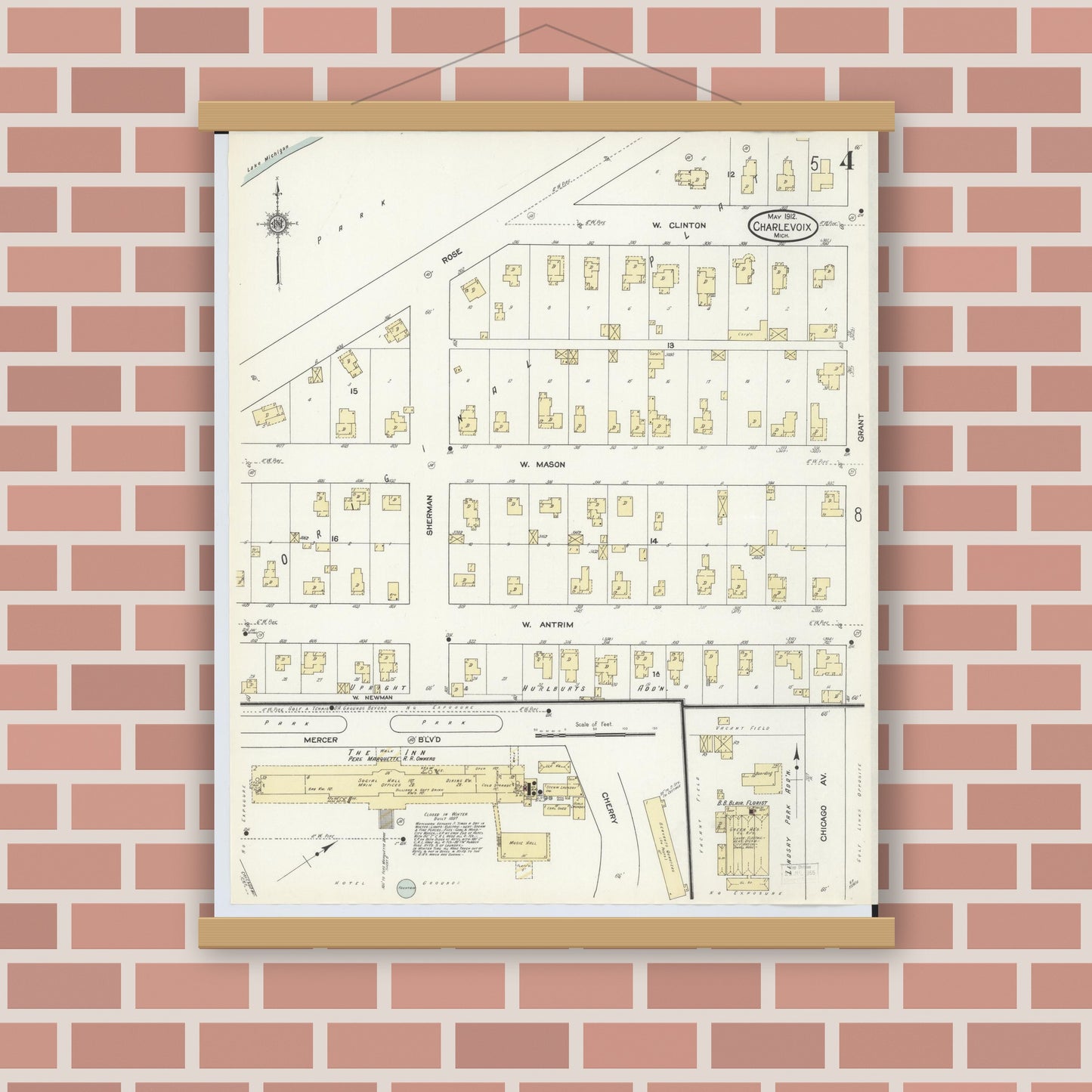 Old map wall art mockup — magnetic wood frame on brick wall — Sanborn Fire Insurance Map from Charlevoix, Charlevoix County, Michigan (1912), Sheet #0004