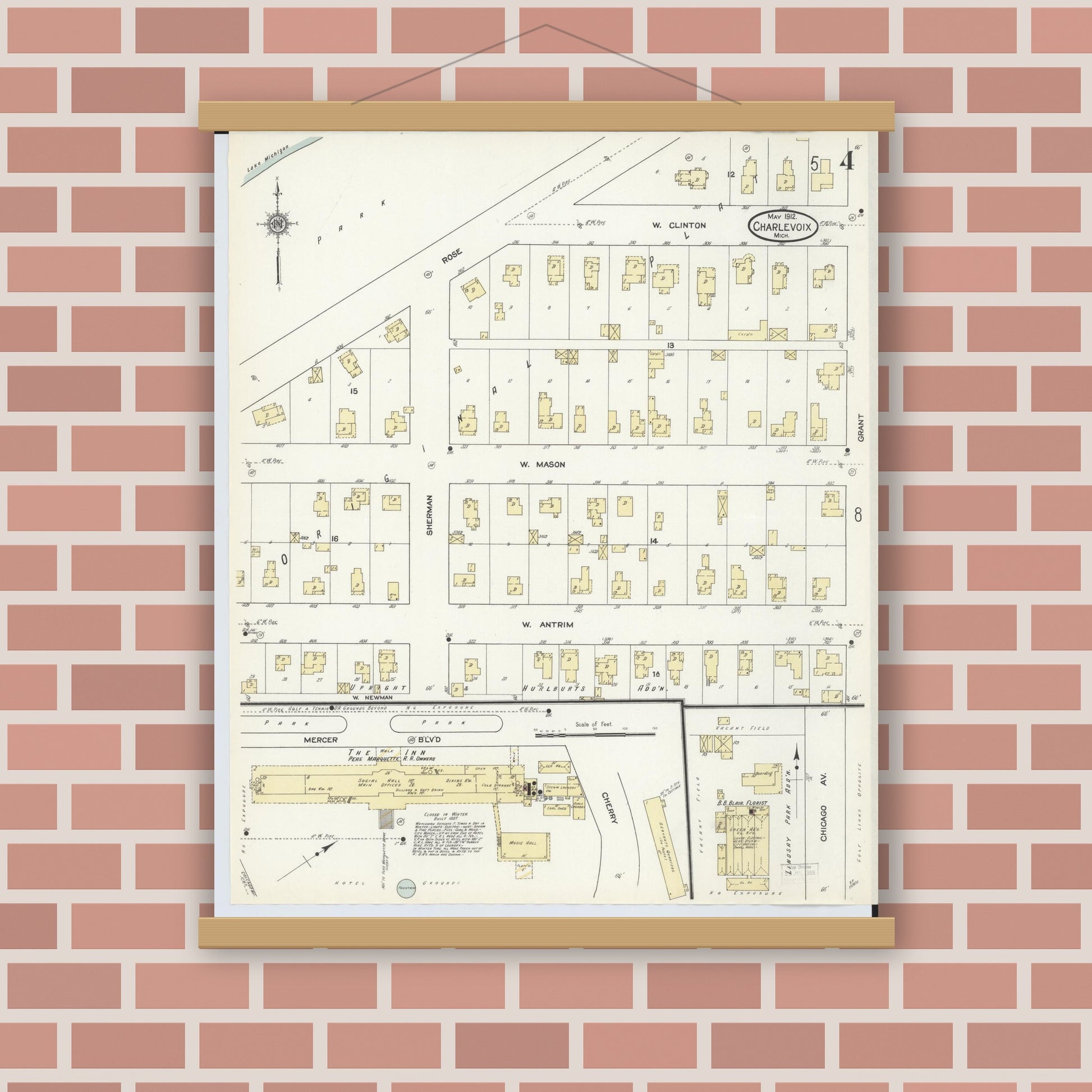 Old map wall art mockup — magnetic wood frame on brick wall — Sanborn Fire Insurance Map from Charlevoix, Charlevoix County, Michigan (1912), Sheet #0004