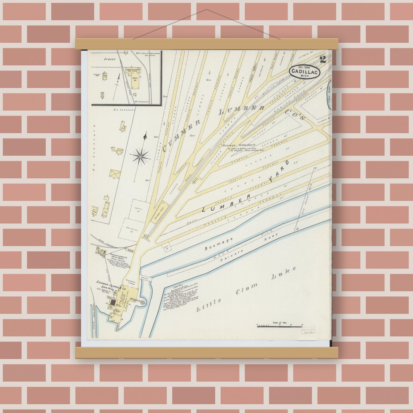Old map wall art mockup — magnetic wood frame on brick wall — Sanborn Fire Insurance Map from Cadillac, Wexford County, Michigan (1890), Sheet #0002