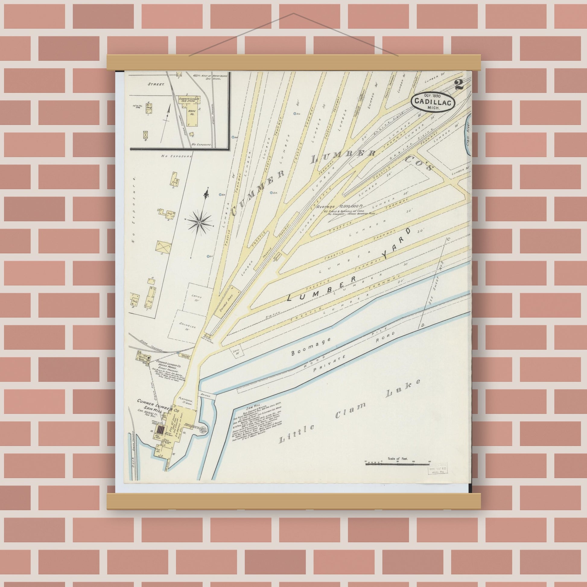Old map wall art mockup — magnetic wood frame on brick wall — Sanborn Fire Insurance Map from Cadillac, Wexford County, Michigan (1890), Sheet #0002
