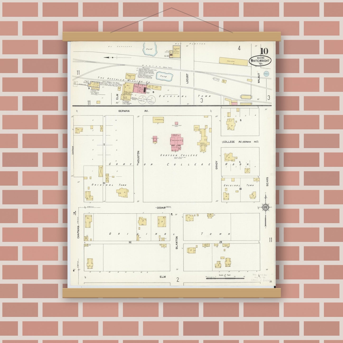 Old map wall art mockup — magnetic wood frame on brick wall — Sanborn Fire Insurance Map from Whitewright, Grayson County, Texas (1912), Sheet #0010