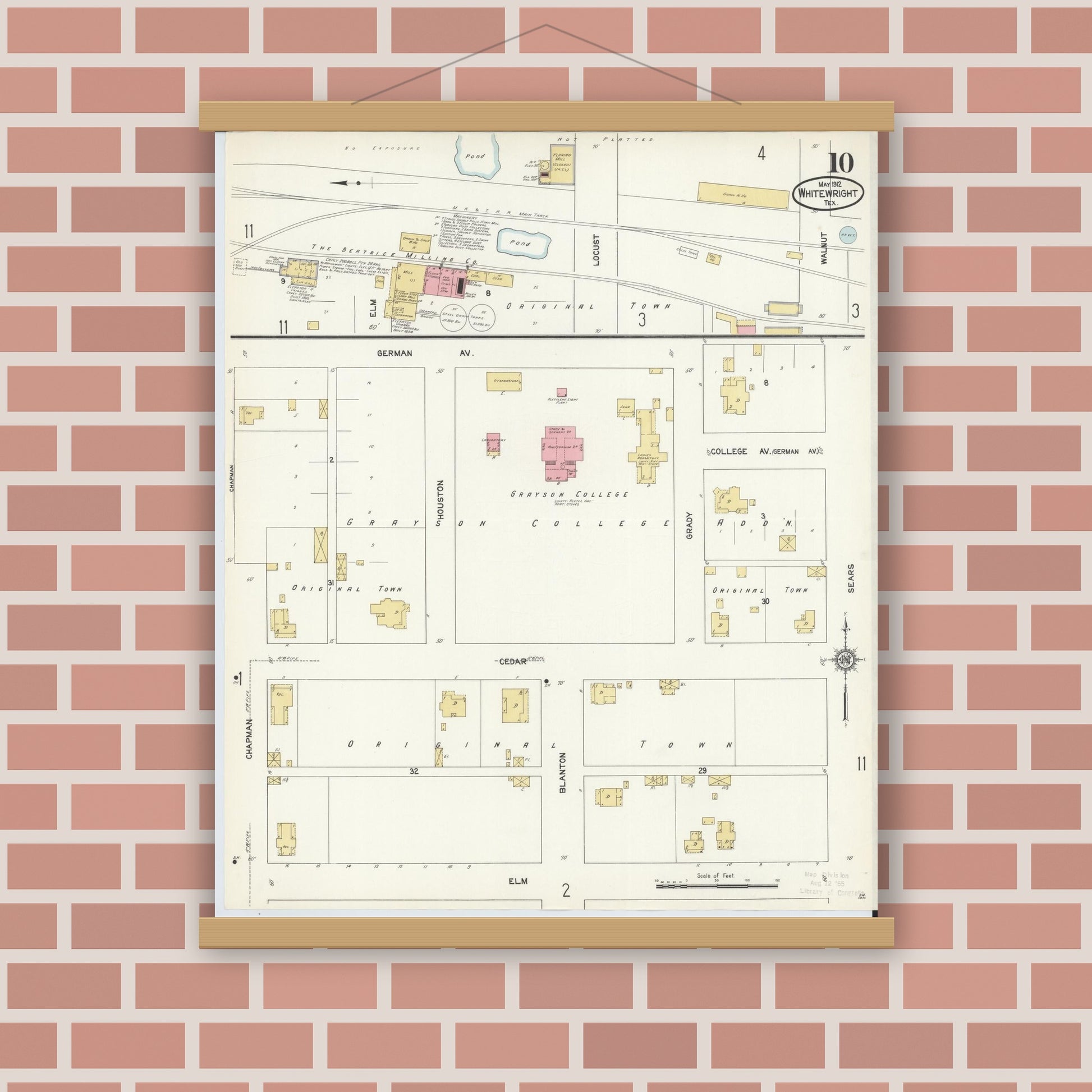 Old map wall art mockup — magnetic wood frame on brick wall — Sanborn Fire Insurance Map from Whitewright, Grayson County, Texas (1912), Sheet #0010