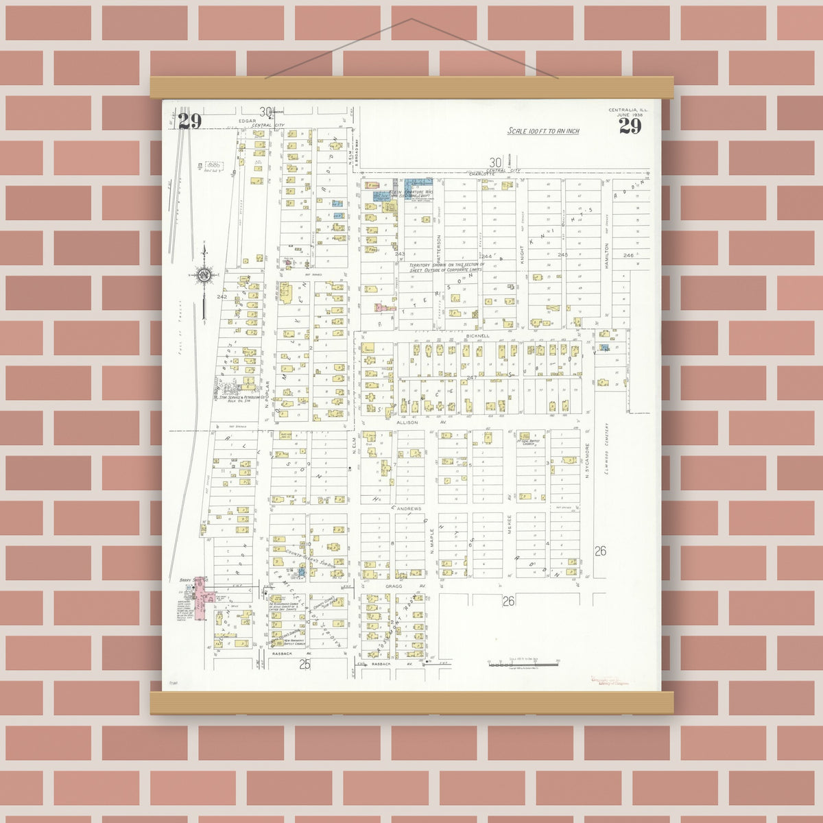 Old map wall art mockup — magnetic wood frame on brick wall — Sanborn Fire Insurance Map from Centralia, Marion, Clinton, Jefferson, and Washington Counties, Illinois (1938), Sheet #0029