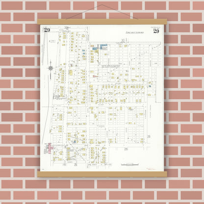 Old map wall art mockup — magnetic wood frame on brick wall — Sanborn Fire Insurance Map from Centralia, Marion, Clinton, Jefferson, and Washington Counties, Illinois (1938), Sheet #0029