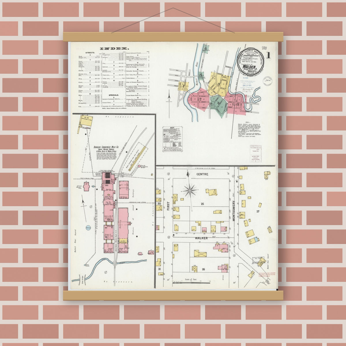 Old map wall art mockup — magnetic wood frame on brick wall — Sanborn Fire Insurance Map from Walden, Orange County, New York (1900), Sheet #0001