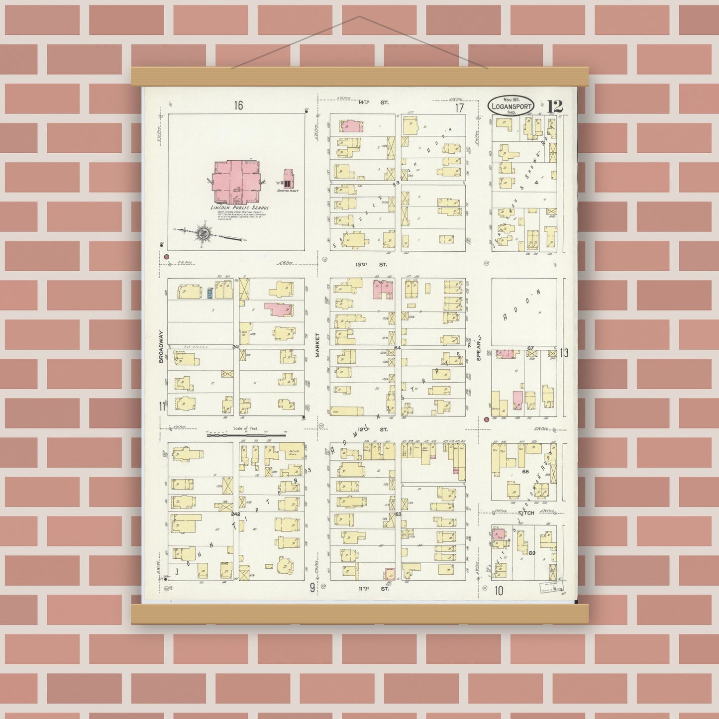 Old map wall art mockup — magnetic wood frame on brick wall — Sanborn Fire Insurance Map from Logansport, Cass County, Indiana (1911), Sheet #0012