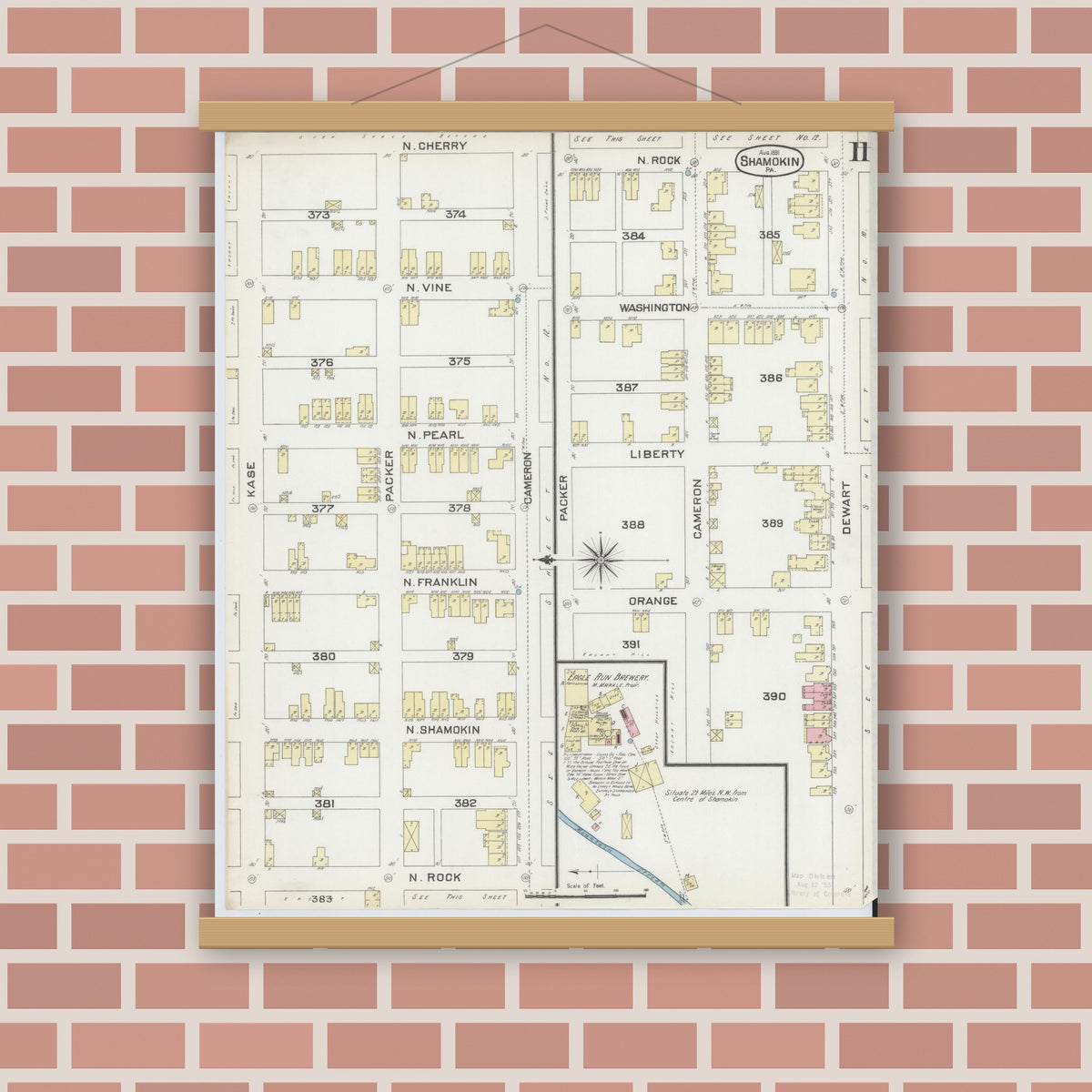 Old map wall art mockup — magnetic wood frame on brick wall — Sanborn Fire Insurance Map from Shamokin, Northumberland County, Pennsylvania (1891), Sheet #0011