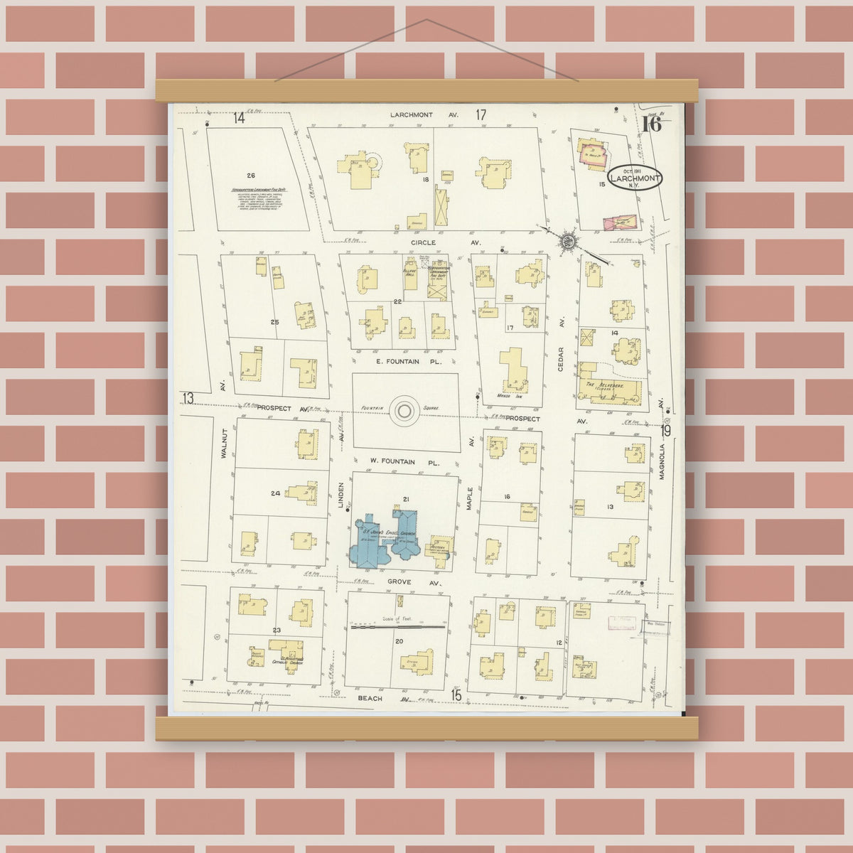 Old map wall art mockup — magnetic wood frame on brick wall — Sanborn Fire Insurance Map from Larchmont, Westchester County, New York (1911), Sheet #0016