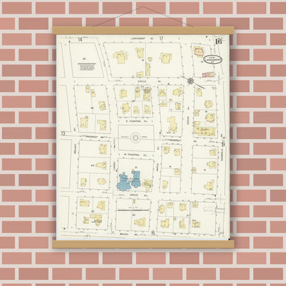 Old map wall art mockup — magnetic wood frame on brick wall — Sanborn Fire Insurance Map from Larchmont, Westchester County, New York (1911), Sheet #0016