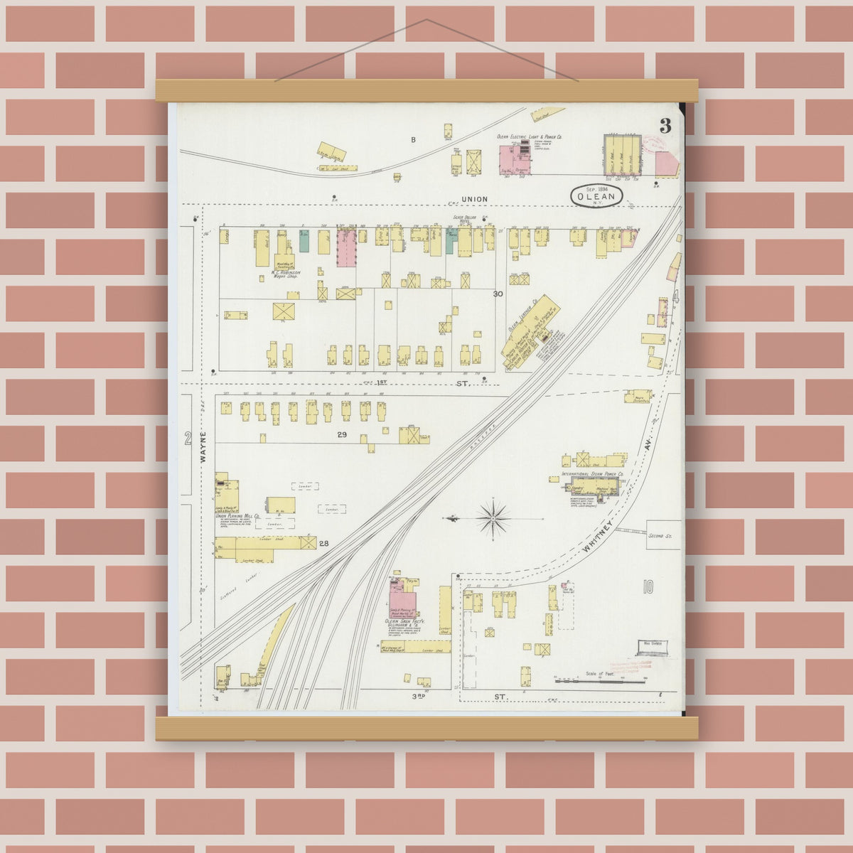 Old map wall art mockup — magnetic wood frame on brick wall — Sanborn Fire Insurance Map from Olean, Cattaraugus County, New York (1894), Sheet #0003