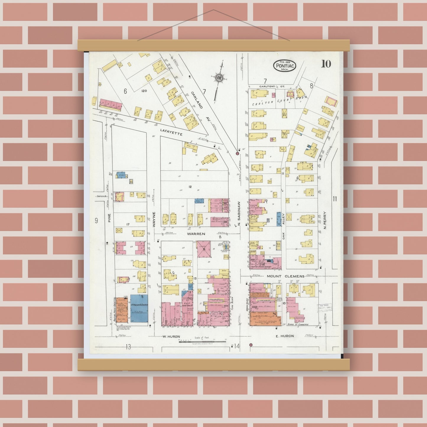 Old map wall art mockup — magnetic wood frame on brick wall — Sanborn Fire Insurance Map from Pontiac, Oakland County, Michigan (1919), Sheet #0010