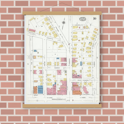 Old map wall art mockup — magnetic wood frame on brick wall — Sanborn Fire Insurance Map from Pontiac, Oakland County, Michigan (1919), Sheet #0010