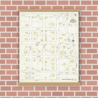 Old map wall art mockup — magnetic wood frame on brick wall — Sanborn Fire Insurance Map from McKinney, Collin County, Texas (1914), Sheet #0004
