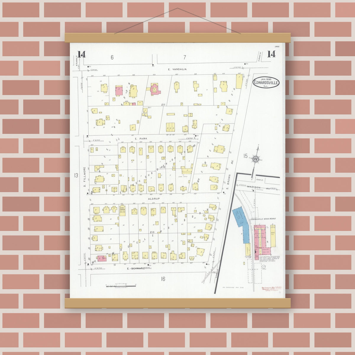 Old map wall art mockup — magnetic wood frame on brick wall — Sanborn Fire Insurance Map from Edwardsville, Madison County, Illinois (1930), Sheet #0014