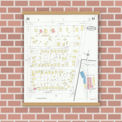Old map wall art mockup — magnetic wood frame on brick wall — Sanborn Fire Insurance Map from Edwardsville, Madison County, Illinois (1930), Sheet #0014
