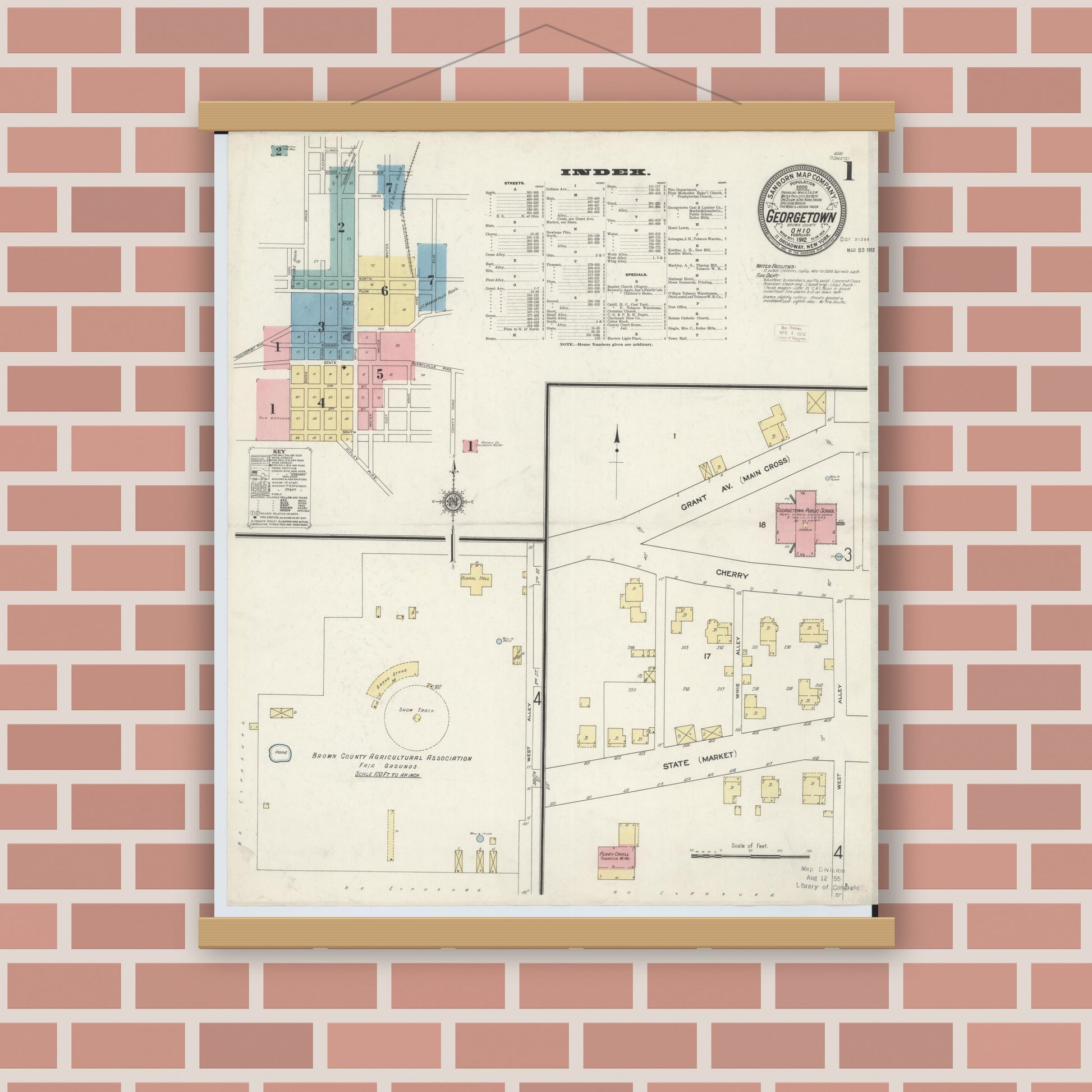 Old map wall art mockup — magnetic wood frame on brick wall — Sanborn Fire Insurance Map from Georgetown, Brown County, Ohio (1912), Sheet #0001