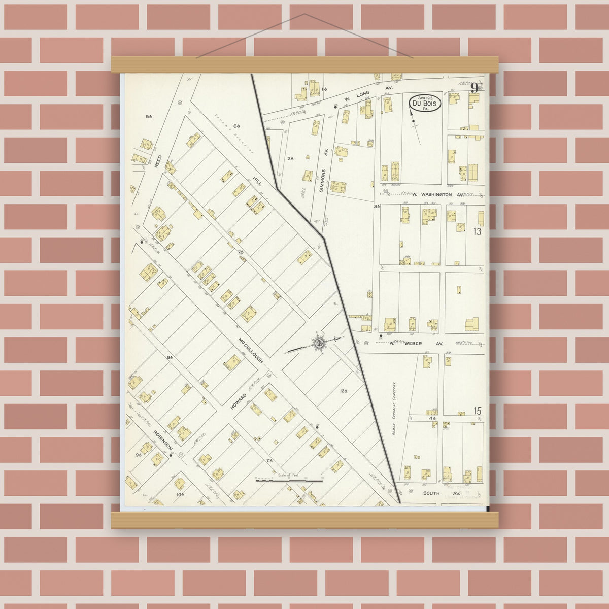 Old map wall art mockup — magnetic wood frame on brick wall — Sanborn Fire Insurance Map from Du Bois, Clearfield County, Pennsylvania (1913), Sheet #0009