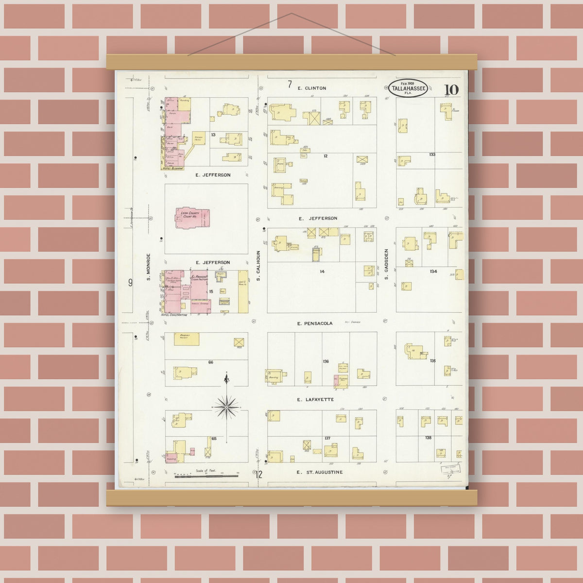 Old map wall art mockup — magnetic wood frame on brick wall — Sanborn Fire Insurance Map from Tallahassee, Leon County, Florida (1909), Sheet #0010